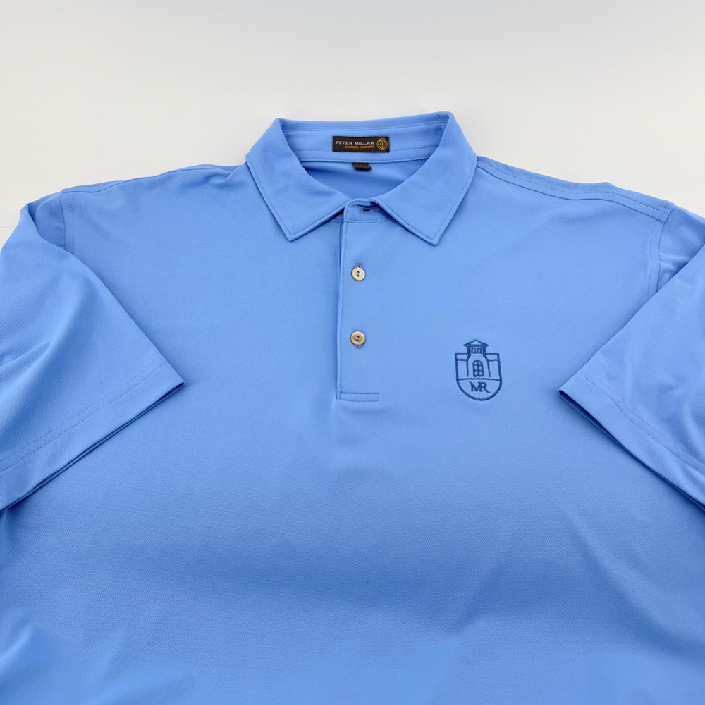 Peter Millar Summer Comfort Polo Shirt Mayacama Clubhouse Crest Logo Blue Large